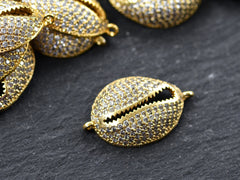 Gold Cowrie Shell Connector Charms, Clear Rhinestone Shell Charms, Micro Pave Cowrie Shell, Puka Shell, Bracelet Charm