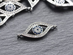 Evil Eye Bracelet Connector, Ellipse Greek Eye Charm, Turkish Nazar, CZ Rhinestone Micro Pave, DIY Jewelry Finding, Silver Plated