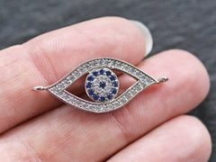 Evil Eye Bracelet Connector, Ellipse Greek Eye Charm, Turkish Nazar, CZ Rhinestone Micro Pave, DIY Jewelry Finding, Silver Plated