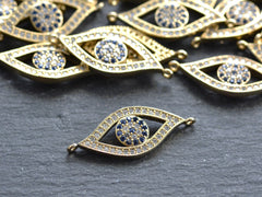 Evil Eye Bracelet Connector, Ellipse Greek Eye Charm, Turkish Nazar, CZ Rhinestone Micro Pave, DIY Jewelry Finding, Gold Plated