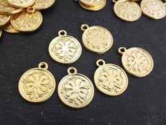 10 Four Leaf Clover Charm, Round Coin Pendant Charms, Shamrock Lucky Charm, 22k Matte Gold Plated