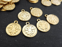 10 Four Leaf Clover Charm, Round Coin Pendant Charms, Shamrock Lucky Charm, 22k Matte Gold Plated