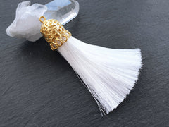 Sugar White Tassel Pendant with Rustic 22k Gold Plated Brass Cap, Ethnic Silk Fringe, Boho Jewelry Supplies, 95mm, 1pc