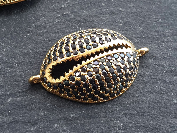 Gold Cowrie Shell Connector Charms, Black Rhinestone Shell Charms, Micro Pave Cowrie Shell, Puka Shell, Bracelet Charm