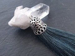Slate Blue Tassel Pendant with Rustic Silver Plated Brass Cap, Ethnic Silk Fringe, Boho Jewelry Supplies, 95mm, 1pc