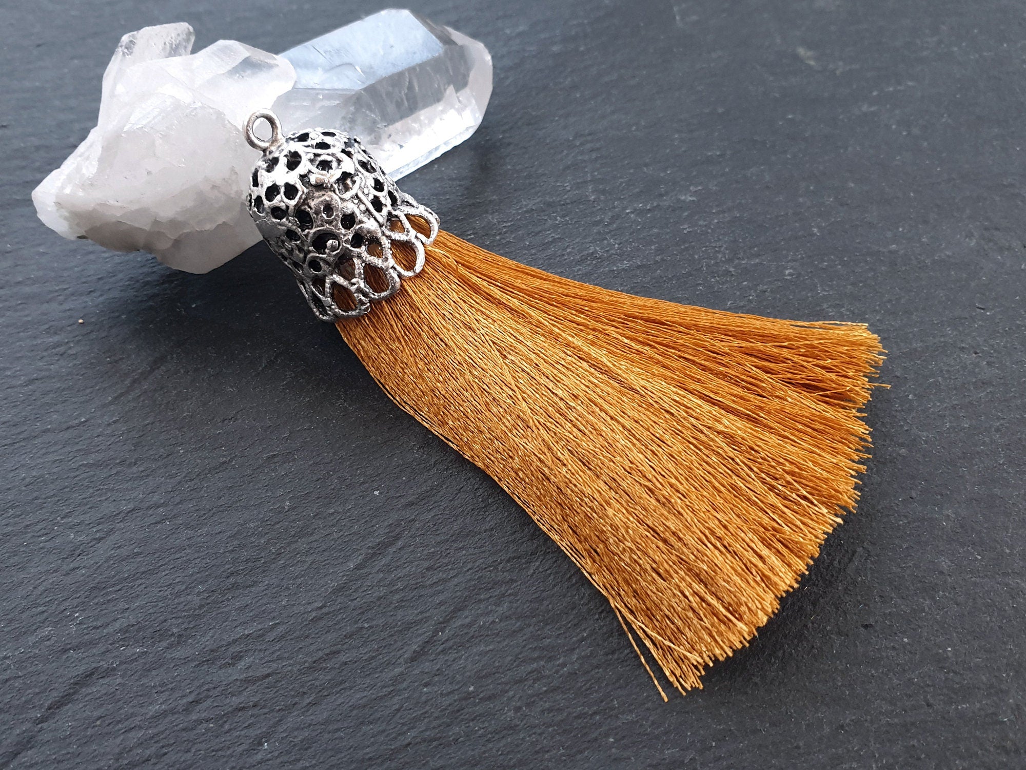 Mustard Yellow Tassel Pendant with Rustic Silver Plated Brass Cap, Ethnic Silk Fringe, Boho Jewelry Supplies, 95mm, 1pc