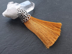 Mustard Yellow Tassel Pendant with Rustic Silver Plated Brass Cap, Ethnic Silk Fringe, Boho Jewelry Supplies, 95mm, 1pc