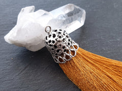 Mustard Yellow Tassel Pendant with Rustic Silver Plated Brass Cap, Ethnic Silk Fringe, Boho Jewelry Supplies, 95mm, 1pc