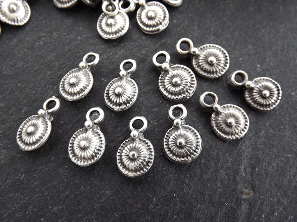 Rustic Tribal Dot Disc Coin Charms, Round Drop Pendant Charm, Bracelet Charm, Beading Charm, Matte Antique Silver Plated, 10pcs