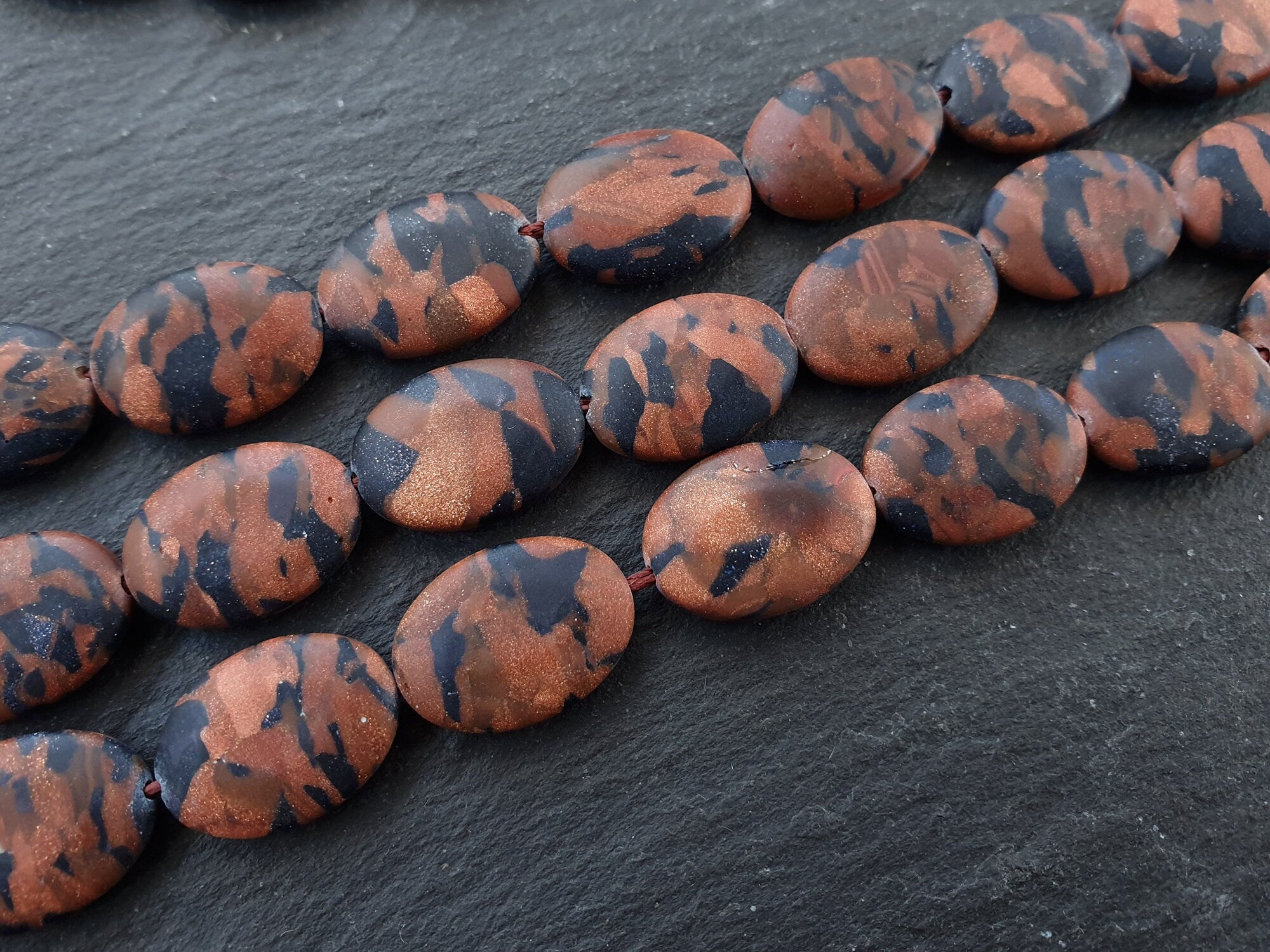 Flat Oval Matt Goldstone Copper & Navy Blue Gold Speckled Stone Beads, DIY Loose Beads, 18x13mm, Half Strand, 11pcs