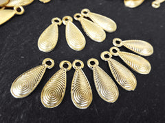 15 Gold Spiral Teardrop Charms, Tear Drop Dangle Pendant Charm, 22k Matte Gold Plated Brass