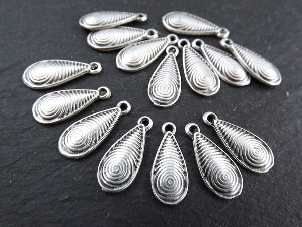 15 Silver Spiral Teardrop Charms, Tear Drop Dangle Pendant Charm, Matte Antique Silver Plated Brass