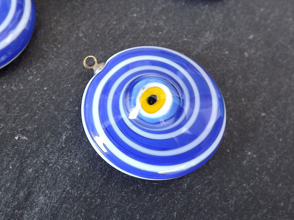 Glass Evil Eye Charm Pendant, Royal Blue White Round Spiral Evil Eye, Lampwork, Amulet, Protective, Lucky, Handmade, 1pc