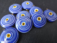 Glass Evil Eye Charm Pendant, Royal Blue White Round Spiral Evil Eye, Lampwork, Amulet, Protective, Lucky, Handmade, 1pc