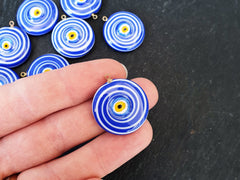 Glass Evil Eye Charm Pendant, Royal Blue White Round Spiral Evil Eye, Lampwork, Amulet, Protective, Lucky, Handmade, 1pc