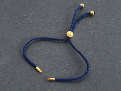 Adjustable Rope Slider Bolo Bracelet Blanks, 2mm Navy Blue Rope Cord Bracelets with Sliding Bead, Gold Findings, 1pc