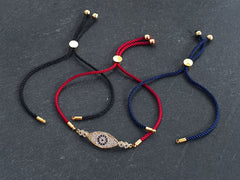 Adjustable Rope Slider Bolo Bracelet Blanks, 2mm Navy Blue Rope Cord Bracelets with Sliding Bead, Gold Findings, 1pc