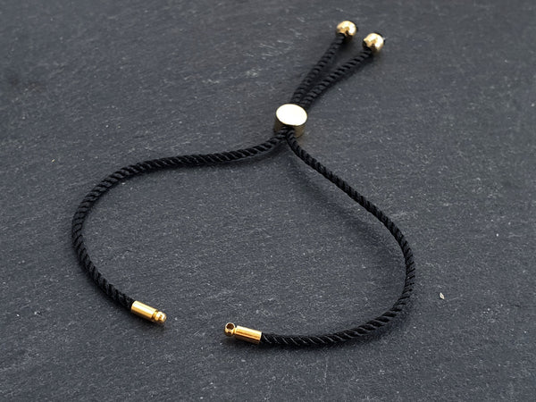 Adjustable Rope Slider Bolo Bracelet Blanks, 2mm Black Rope Cord Bracelets with Sliding Bead, Gold Findings, 1pc