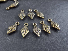 8 Bronze Tribal Diamond Charms, Ethnic Drop Pendant, Bracelet Charm, Beading Charm, Antique Bronze Plated Brass