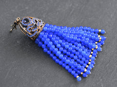 Large Blue Jade Gemstone Beaded Tassel with Blue Crystal Accents - Antique Bronze - 1PC