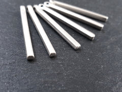 Small Short Bar Charms, Slim Silver Vertical Square Bar Pendant, Rectangle, Simple Geometric Minimalist, Matte Antique Silver Plated, 6pc