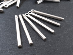 Small Short Bar Charms, Slim Silver Vertical Square Bar Pendant, Rectangle, Simple Geometric Minimalist, Matte Antique Silver Plated, 6pc