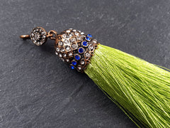 Chartreuse Green Tassel Pendant, Silk Thread Tassel Pendant, Pave Navy Clear Rhinestone Tassel Cap, Antique Bronze, 1pc