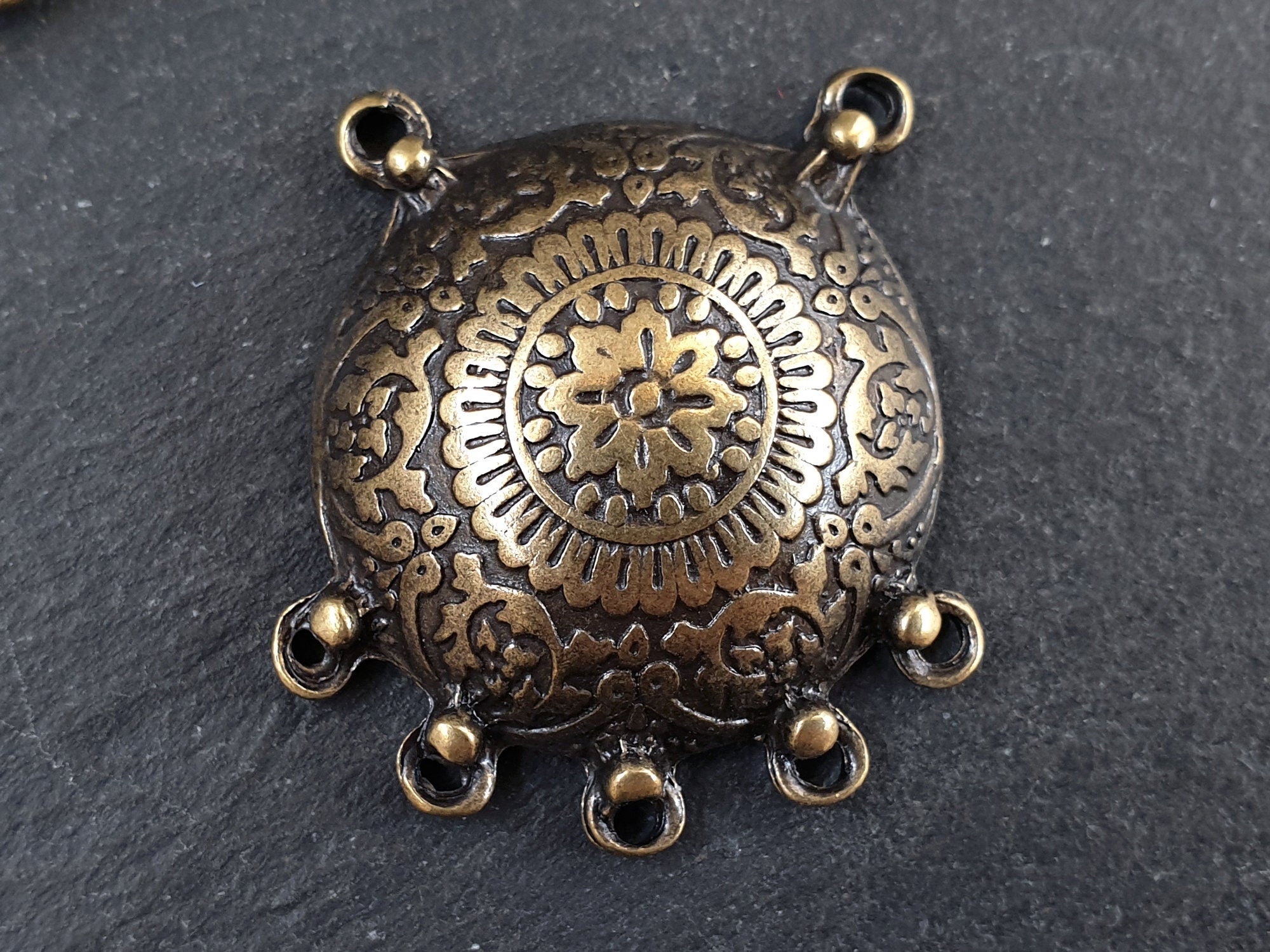 Round Dome Mandala Pendant, Chandelier Strand Connector with 5 Loops, Floral Folk Boho Style, Antique Bronze Plated - 1PC