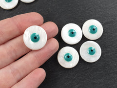 5 Mother of Pearl Round Evil Eye Beads, Enamel Evil Eye Bead, MOP Beads, Nazar Protective Symbol Talisman Jewelry, 20mm