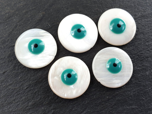 5 Mother of Pearl Round Evil Eye Beads, Enamel Evil Eye Bead, MOP Beads, Nazar Protective Symbol Talisman Jewelry, 20mm