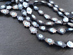 6 Mother of Pearl Evil Eye Hamsa Hand Beads, Natural Black MOP Bead, Enamel Evil Eye Bead, Nazar Protective Symbol Talisman Jewelry, 10x11mm