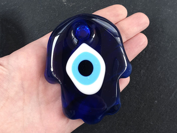 Blue Evil Eye Glass Hamsa Hand Pendant Bead Artisan Handmade Turkish Nazar Protective Symbol Talisman Jewelry Design Home Decor - 80mm