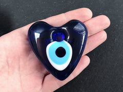 Blue Evil Eye Glass Heart Pendant Bead Artisan Handmade Turkish Nazar Protective Symbol Talisman Jewelry Design Home Decor - 60mm
