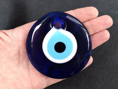 Blue Evil Eye Glass Round Pendant Bead Artisan Handmade Turkish Nazar Protective Symbol Talisman Jewelry Design Home Decor - 70mm