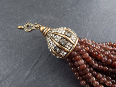 Brown Gemstone Beaded Tassel Pendant, Jade Bead Strands, Luxury Rhinestone Necklace Tassel Cap with Bail, Antique Bronze, 1PC