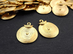 Round Gold Coin Tribal Charms, Ethnic Spiral Disc Pendant,  22k Matte Gold Plated, 2pc