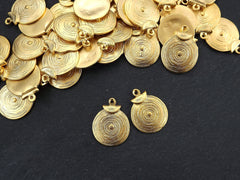 Round Gold Coin Tribal Charms, Ethnic Spiral Disc Pendant,  22k Matte Gold Plated, 2pc