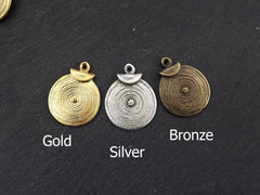 Round Bronze Coin Tribal Charms, Ethnic Spiral Disc Pendant, Antique Bronze Plated, 2pc