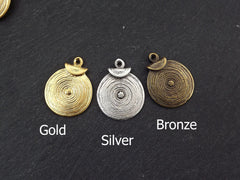 Round Gold Coin Tribal Charms, Ethnic Spiral Disc Pendant,  22k Matte Gold Plated, 2pc