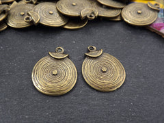 Round Bronze Coin Tribal Charms, Ethnic Spiral Disc Pendant, Antique Bronze Plated, 2pc