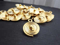 Round Spiral Coin Pendant, Tribal Disc Ball Drop Charms, Ethnic Jewelry Making Supplies, 22k Matte Gold Plated, 1pc