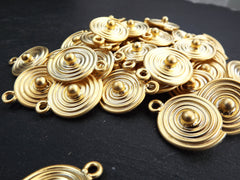 Round Spiral Coin Pendant, Tribal Disc Ball Drop Charms, Ethnic Jewelry Making Supplies, 22k Matte Gold Plated, 1pc