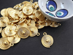 Round Spiral Coin Pendant, Tribal Disc Ball Drop Charms, Ethnic Jewelry Making Supplies, 22k Matte Gold Plated, 1pc