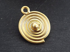 Round Spiral Coin Pendant, Tribal Disc Ball Drop Charms, Ethnic Jewelry Making Supplies, 22k Matte Gold Plated, 1pc