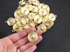 Round Spiral Coin Pendant, Tribal Disc Ball Drop Charms, Ethnic Jewelry Making Supplies, 22k Matte Gold Plated, 1pc