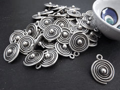 Spiral Coin Pendant, Tribal Ball Dot Charms, Ethnic Spiral Disc Pendant, Matte Antique Silver Plated, 1pc