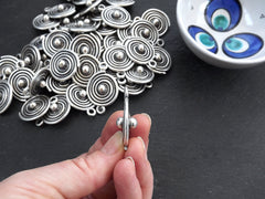 Spiral Coin Pendant, Tribal Ball Dot Charms, Ethnic Spiral Disc Pendant, Matte Antique Silver Plated, 1pc