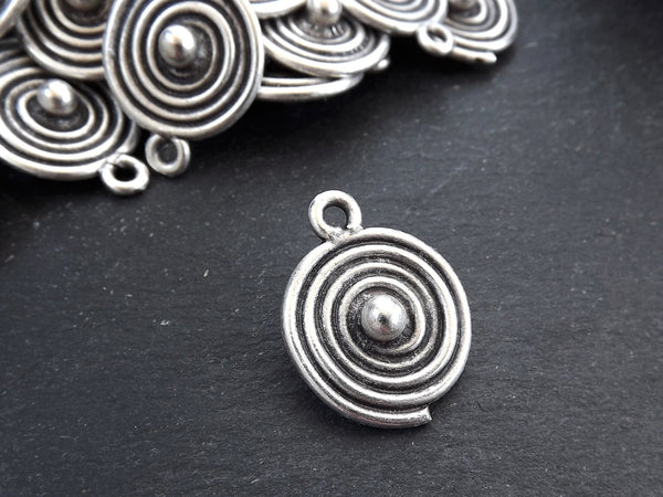 Spiral Coin Pendant, Tribal Ball Dot Charms, Ethnic Spiral Disc Pendant, Matte Antique Silver Plated, 1pc