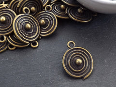 Round Bronze Coin Tribal Ball Dot Charms, Ethnic Spiral Disc Pendant, Antique Bronze Plated, 1pc