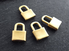 4 Gold Padlock Charm Pendants, Plain Lock Dangle Charms, 22k Matte Gold Plated, 15x10mm